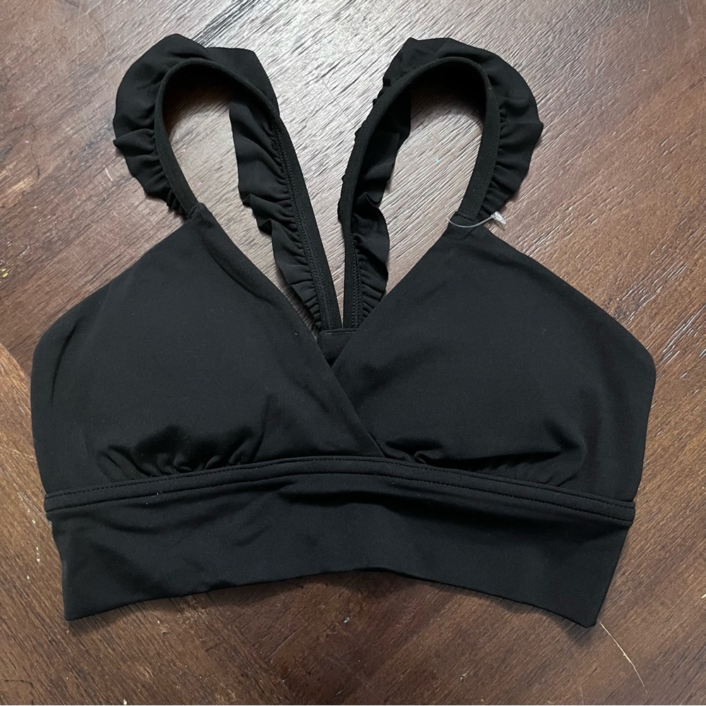 OFFLINE by aerie True Black Real Me Ruffled Strap V-Neck Sports Bralette